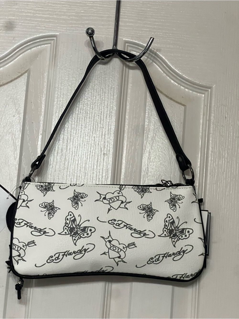 Ed Hardy Love Kills Slowly White Tattoo Shoulder Bag Y2K Baguette Purse 11X5in - Picture 4 of 8
